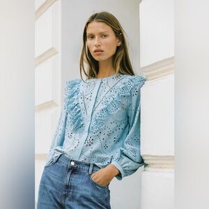 Zara Perforated Embroidery Shirt | Pastel Blue | Sz XS | NWT